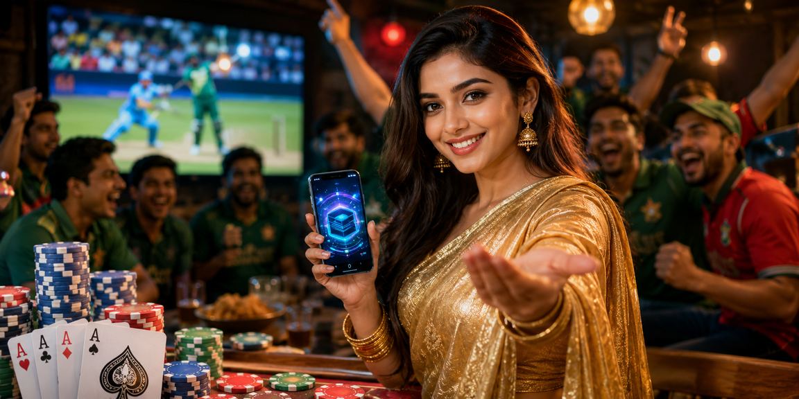 বাংলাদেশে শাড়ি পরা একজন নারী মোবাইলে ক্রিকেট বেটিং উপভোগ করছেন