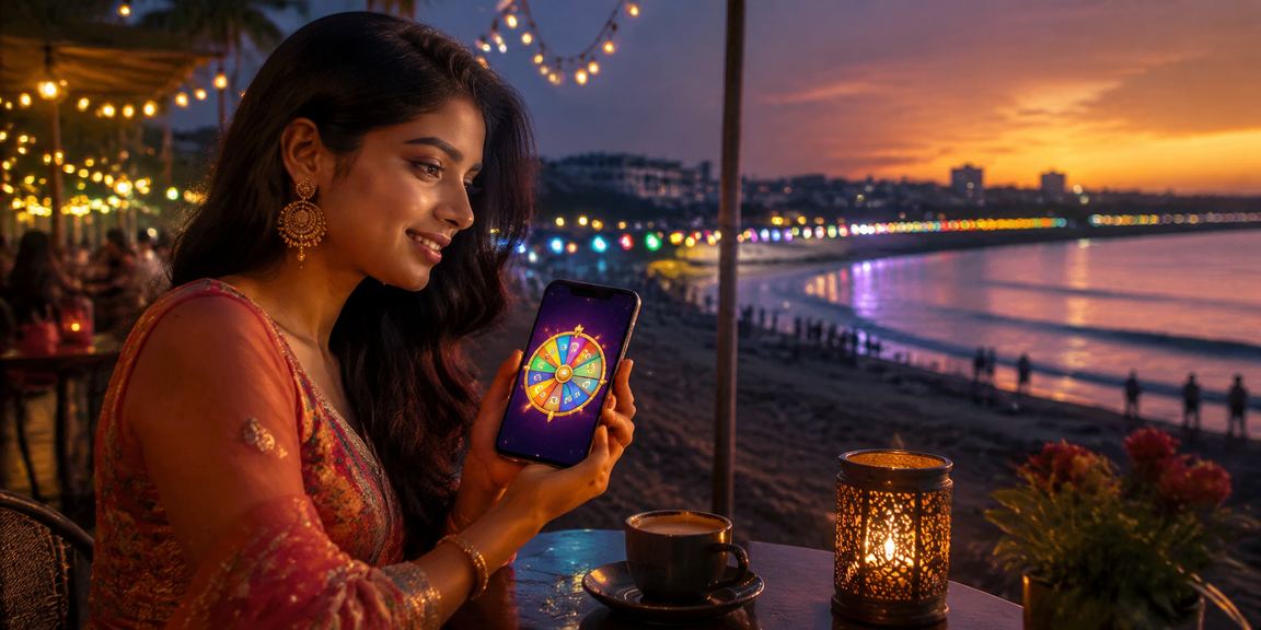 কক্সবাজার সৈকতে একজন ব্যবহারকারী মোবাইলে লাকি ড্র গেমে অংশ নিচ্ছেন